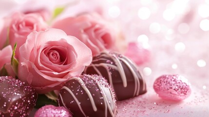 Romantic Chocolate Covered Strawberries with Pink Roses and Sparkles