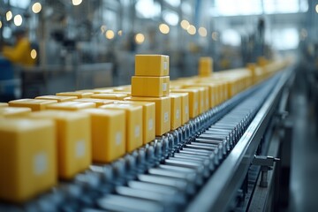 Fototapeta premium A conveyor belt transporting yellow boxes in an industrial setting.