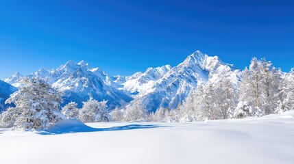 Obraz premium Snow-covered mountain range under a clear blue sky.