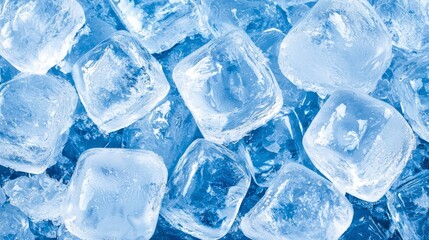 Close-Up View of Crystal Clear Ice Cubes Glimmering on a Bright Blue Background, Perfect for Beverage, Refreshment, and Cooling Concept in Culinary Arts