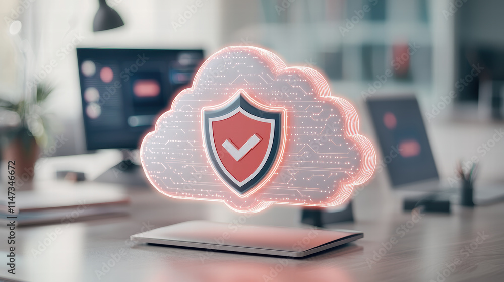 Poster high tech desktop setup featuring digital cloud security symbol, representing data protection and cy