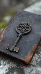 An antique key rests on an old, worn book, symbolizing mystery and secrets waiting to be unlocked.
