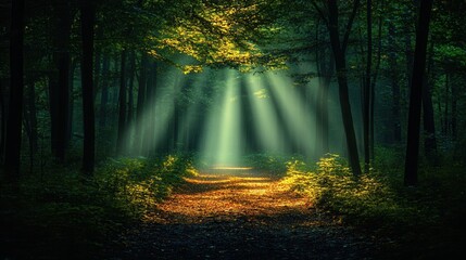 Obraz premium A serene forest scene illuminated by sunlight, creating a tranquil pathway through the trees.