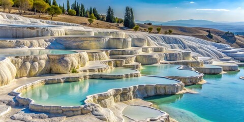 Fototapeta premium Mineral formations in Pamukkale, Turkey , scenic, natural, terraces, calcium deposits, hot springs