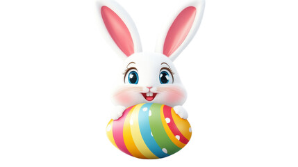 Cute Cartoon Rabbit with Big Ears and Bright Eyes Holding a Colorful Easter Egg in a Playful and Cheerful Style Ideal for Spring Celebrations and Holiday Promotions