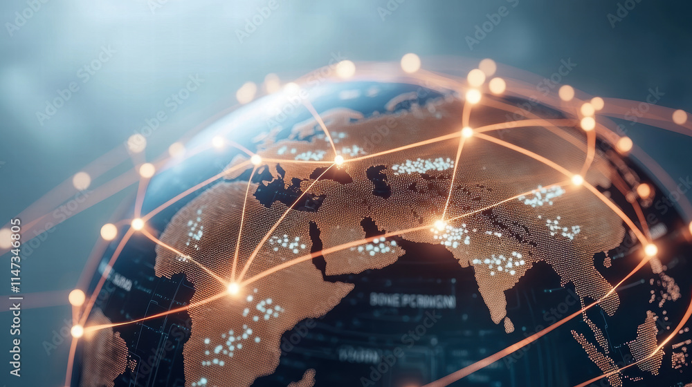 Poster high tech globe with glowing lines connecting various locations, symbolizing global connectivity and