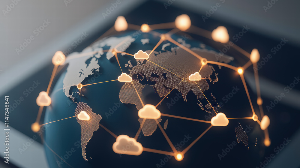 Poster high tech globe with glowing lines and cloud icons represents global connectivity. this symbolizes d