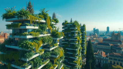 Obraz premium Aerial view of modern green buildings with abundant vegetation in an urban landscape.