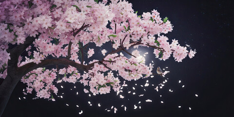 Obraz premium Night Cherry Blossom Tree Bird Pink Flowers Falling Petals Dark Background