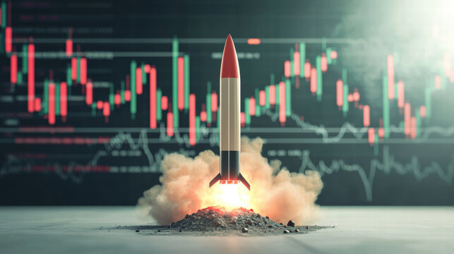 missile launching with smoke and flames against backdrop of stock market graphs, symbolizing explosive growth and investment opportunities
