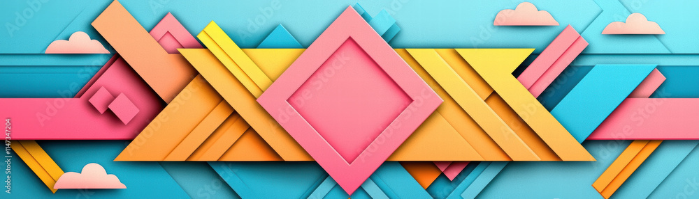 Poster vibrant geometric patterns pastel colors create dynamic visual experience. design features layered s