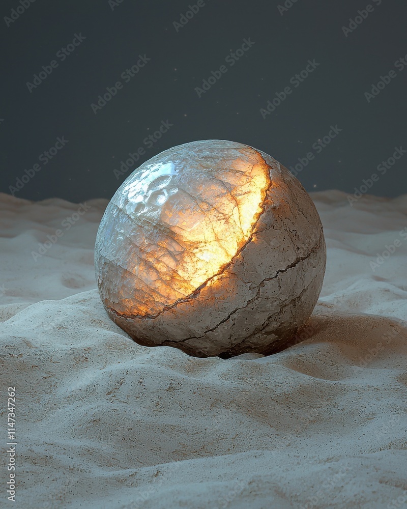 Poster illuminated moonstone sphere on soft bed of sand abstract art display serene environment close-up vi