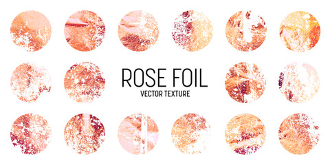 Grunge rose gold foil, shiny handmade circles. Golden glittering texture, pattern. Luxury shining hand drawn background. Wedding, greeting card decoration elements. Modern art. Vector illustration