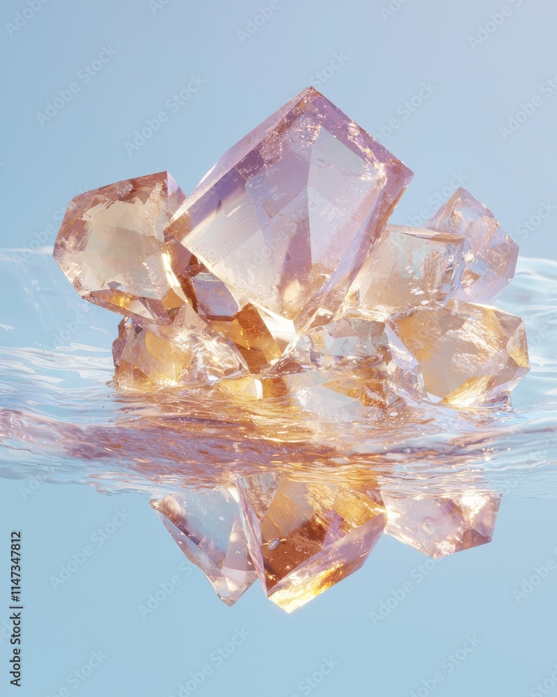Poster raw gemstone cluster submerged in liquid creating ethereal reflections underwater environment artist