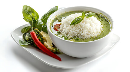 A bowl of green soup with rice and a few vegetables