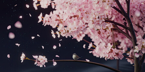 Serene Cherry Blossom Tree with Bird Falling Petals Night Scene