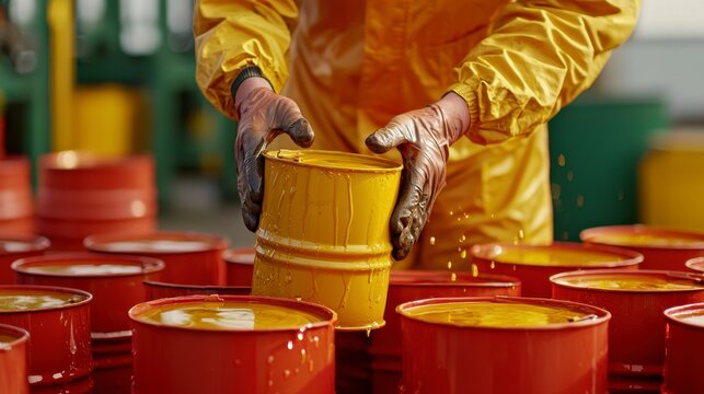 Worker in Protective Gear Handling Yellow Paint Container Among Stacked Red Drums in Industrial Setting - Powered by Adobe
