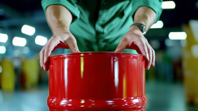 Worker in Green Jumpsuit Examining Red Drum in Industrial Warehouse Environment, Focusing on Safety Procedures and Equipment Management