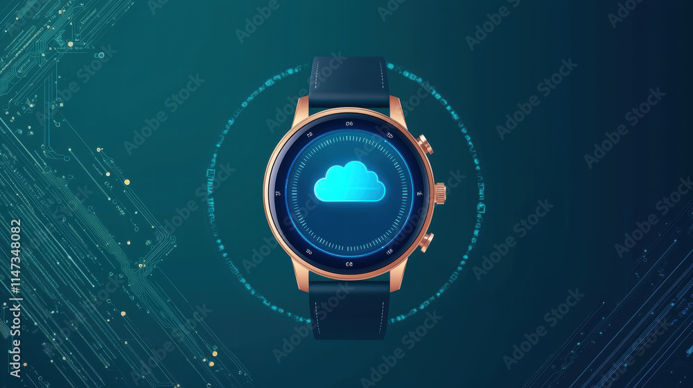 Poster sleek smartwatch displaying real time cloud symbol on its screen, surrounded by digital circuit desi