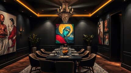 Elegant Dining Room Decorated With Artistic Portraits