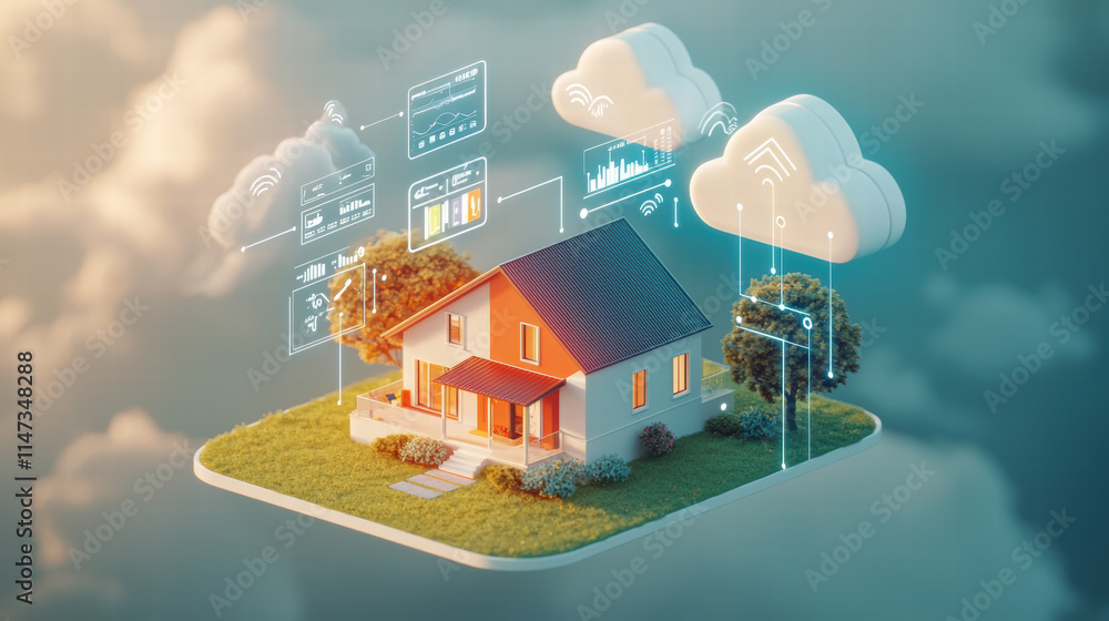 Poster smart home model with cloud connectivity, showcasing modern technology and data visualization. this 