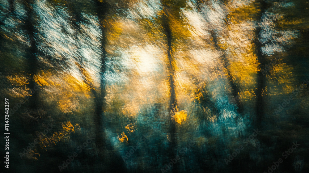 Poster sunlight filters through trees in a vibrant forest during autumn.
