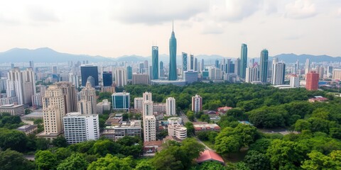 Naklejka premium Scenic view of Taichung City skyline with modern architecture and lush green park in foreground, Taichung, Asia, city