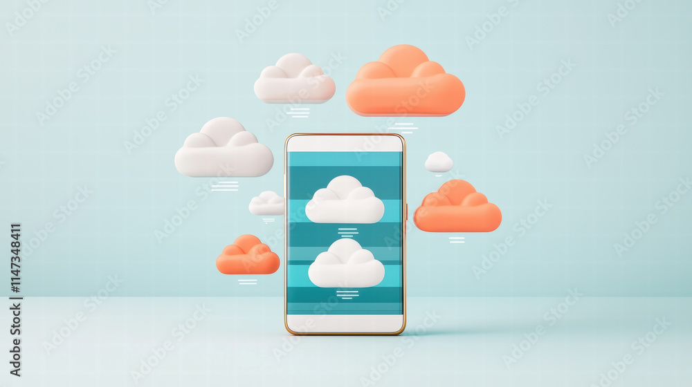 Poster smartphone displaying live cloud synchronization with colorful clouds. this modern technology concep