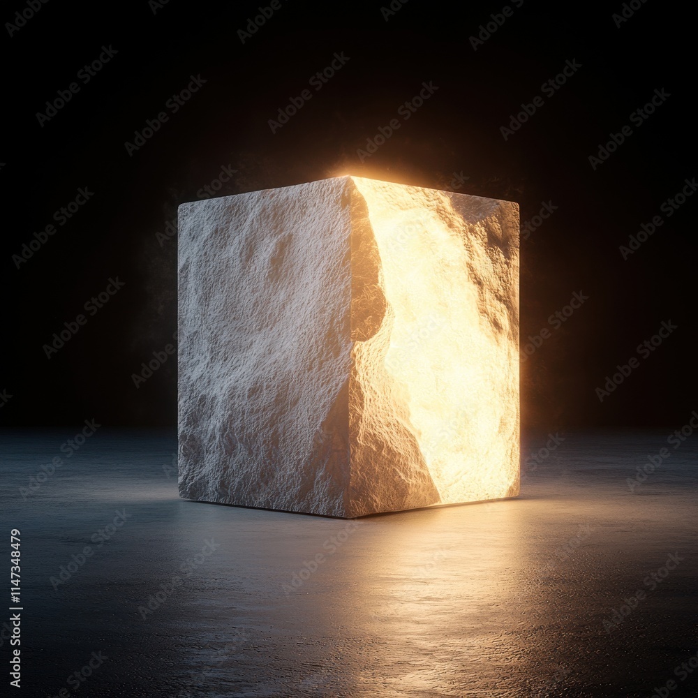 Poster minimalist hollow cube with soft inner glow dark studio environment 3d artistic display