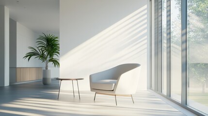 Minimalist living room with modern, open design. Featuring sleek furnishings and neutral colors