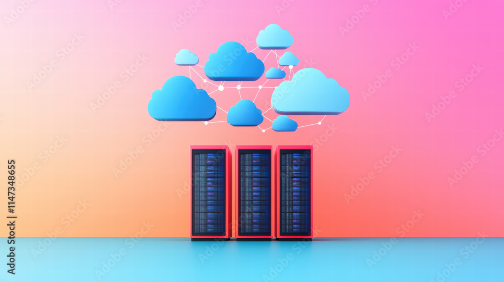 Poster vibrant representation of data center with cloud computing elements, showcasing servers and intercon