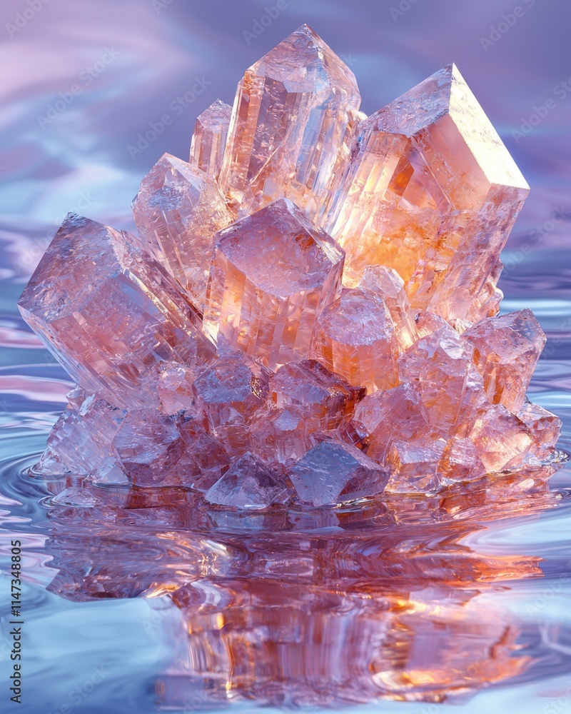 Poster submerged raw gemstone cluster in liquid abstract art water reflection soft colors illuminated view