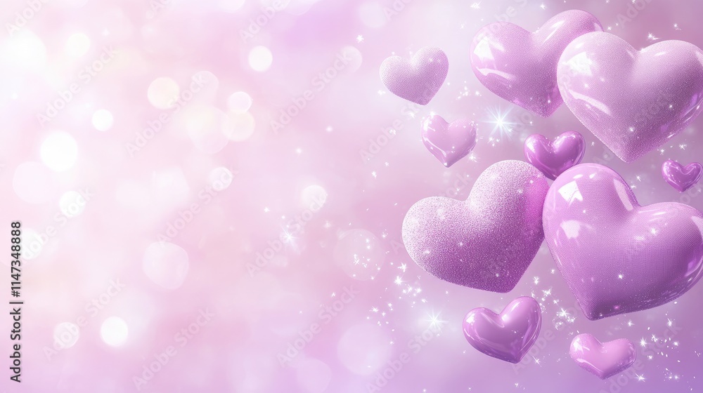 Aufkleber pink hearts on soft background with sparkles and bokeh effect