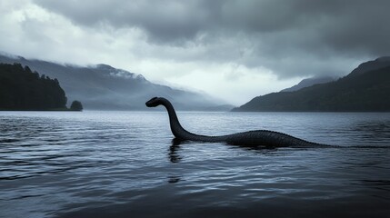 Fototapeta premium Dark creature swims lake, misty mountains backdrop.