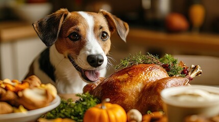 Dog stealing Thanksgiving turkey from the table,  humor and mischief to the holiday theme, illustrating the playful side of pets and their love for holiday food in a lighthearted and relatable scene.