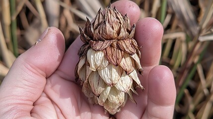 of a hop flower in a hand, integrated with an image of a thriving field, emphasizing agricultural success. | [Hop flower]:[Cash crop] 