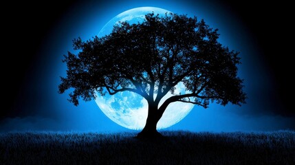 Majestic Silhouette of a Large Tree Against a Bright Blue Full Moon Illuminating a Calm Night Sky with Subtle Cloud Details and Soft Ground Cover