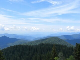 Fototapeta premium Scenic panoramic view of majestic mountains and lush green forests under a clear blue sky, air, greenery, scenery