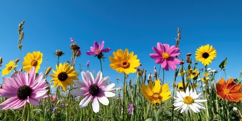 Fototapeta premium Vibrant Flower Blooming Action in Nature's Garden Colorful Wildflower Field Under Clear Blue Sky Stunning Serene Environment Eye-Level View Beauty and Diversity of Flora