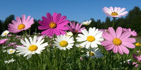 Obraz premium Vibrant Flower Field in Nature Spring Season Close-Up Scenic Environment Bright Sunshine Beauty and Serenity