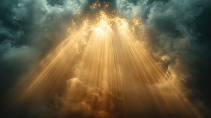 Radiant light rays piercing through smoky atmosphere nature scene digital artwork ethereal viewpoint