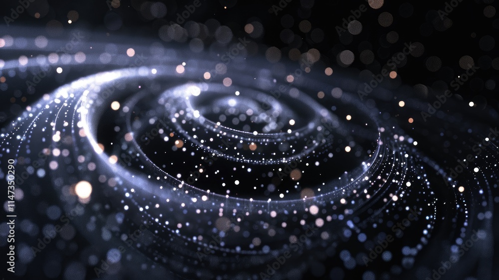 Poster sparse with spiraling trail of particles glowing dots setting against dark background in depth and m