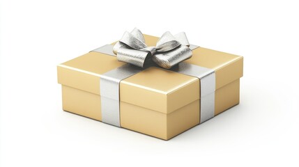 Golden Gift Box with Silver Ribbon and Bow on White Background