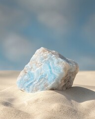 Obraz premium Rough larimar stone display beach location natural gemstone sandy environment close-up viewpoint serenity concept