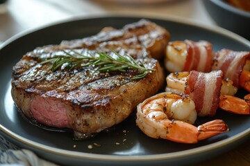 Grilled steak with rosemary, served alongside bacon-wrapped shrimp. Perfect for menus, restaurant websites, or culinary blogs.