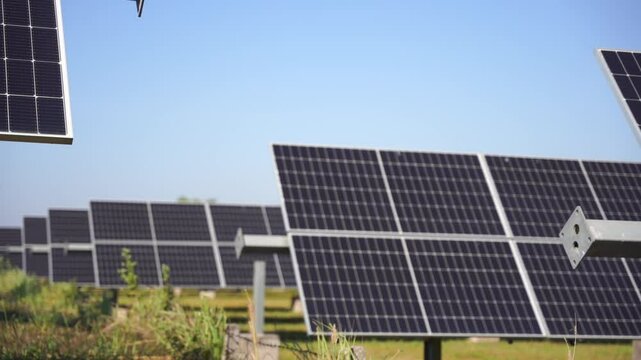 Solar power plant(solar cell) on summer season, hot climate causes increased power production, Alternative energy to conserve the world's energy, Photovoltaic module idea for clean energy production.