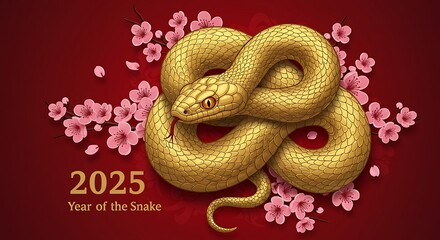 Obraz premium Golden snake surrounded by cherry blossoms on red background, representing 2025 Year of the Snake 