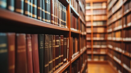 A quiet library aisle filled with rows of books, showcasing rich wooden shelves and numerous leather-bound volumes.