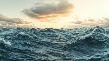 Fototapeta premium A serene ocean scene with rolling waves under a cloudy sky, illuminated by the soft glow of the setting sun.