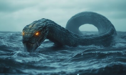 Obraz premium Glowing-eyed sea serpent emerges from dark waves.